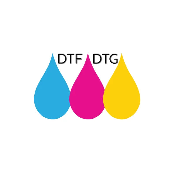 Three color drops (blue, pink, yellow) with 'DTF' and 'DTG' key features on a white background-landing page