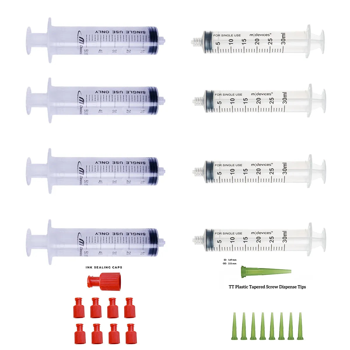 Dual-Channel Damper Priming & Maintenance Kit with syringes, sealing caps and 14G tapered dispensing tips for DTF and DTG printer servicing