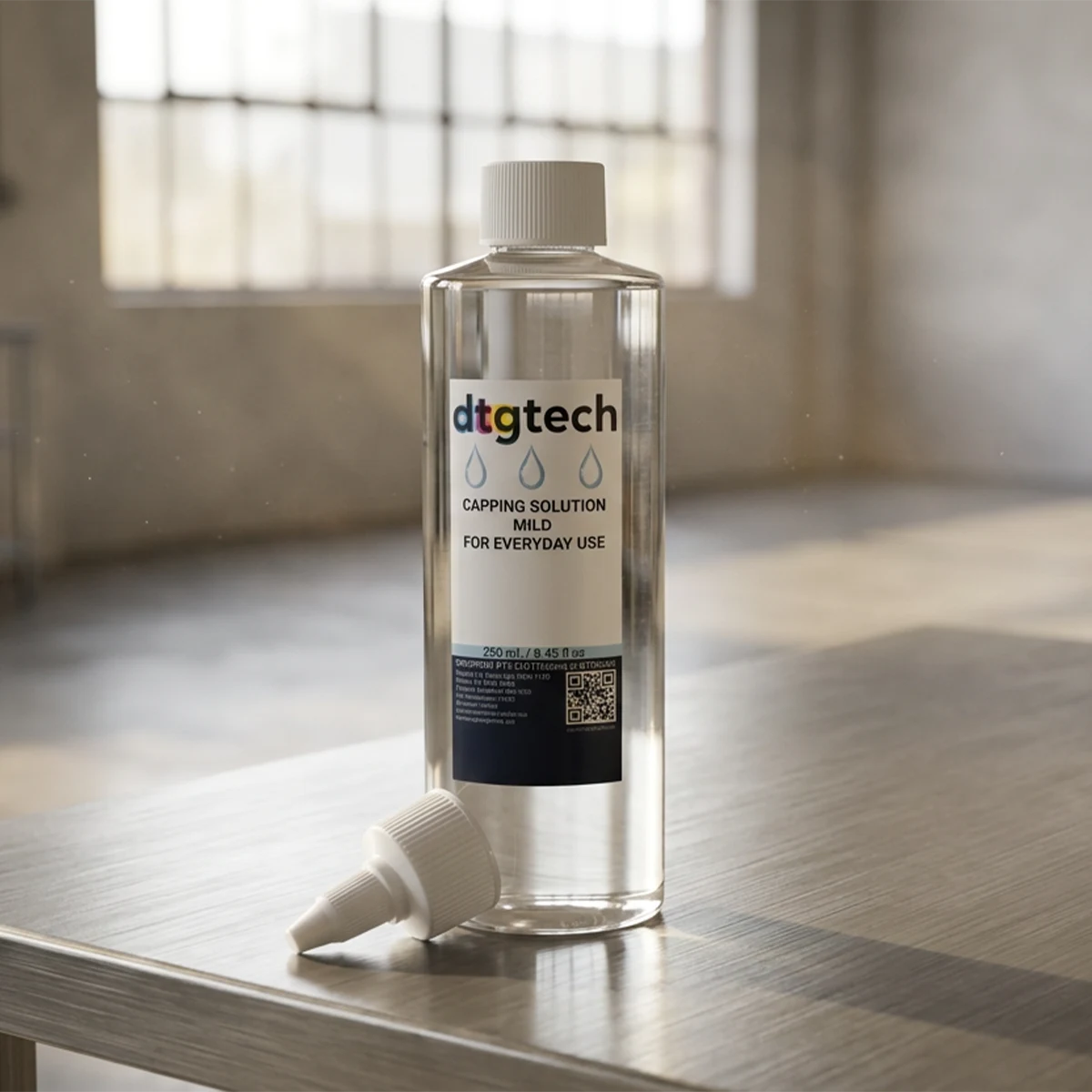 DTGtech wet cap 250ml bottle with nozzle on a workbench with light background